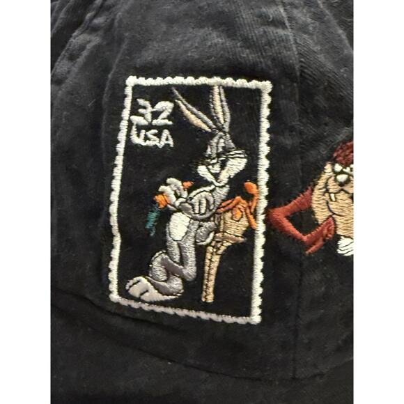 Vintage 90s Bugs Bunny Taz 32c Stamp Black Adjustable Snapback Hat Made In USA - Picture 3 of 10